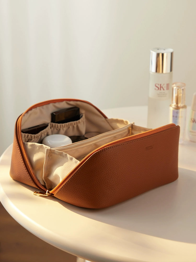 Premium Leather Cosmetic Bag  Large Capacity Travel Makeup & Toiletry Organizer