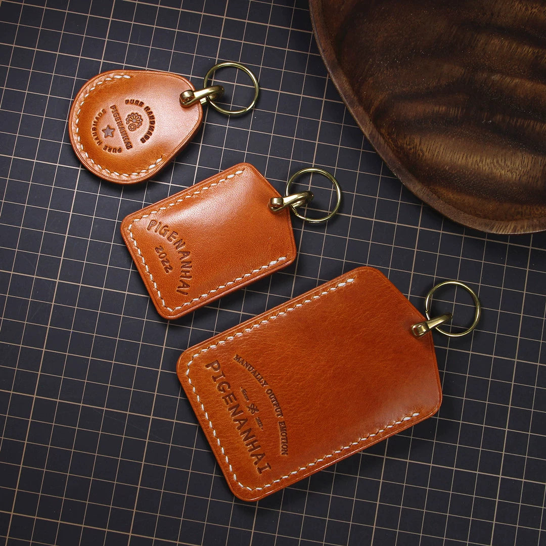 Handmade Full-Grain Cowhide Leather Keychain Set – 3 Shapes