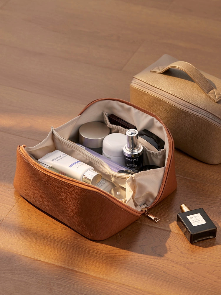 Premium Leather Cosmetic Bag  Large Capacity Travel Makeup & Toiletry Organizer