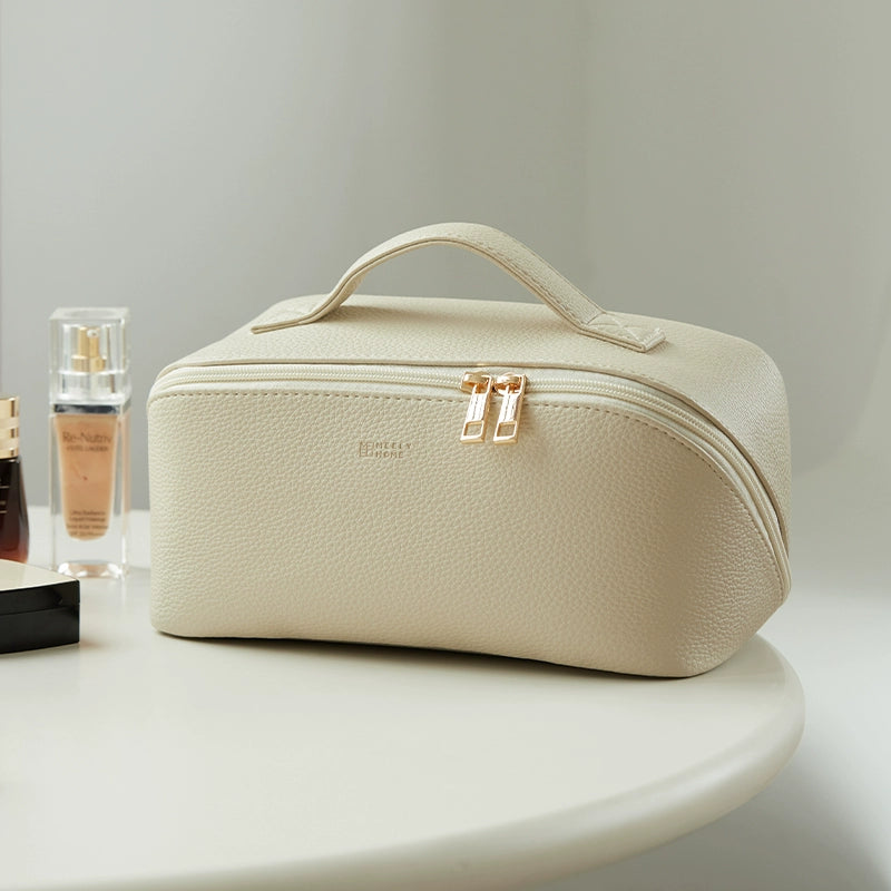 Premium Leather Cosmetic Bag  Large Capacity Travel Makeup & Toiletry Organizer