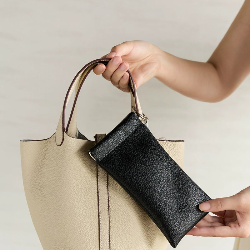 Slim Leather Glasses Case with Lychee Texture Protective Pouch