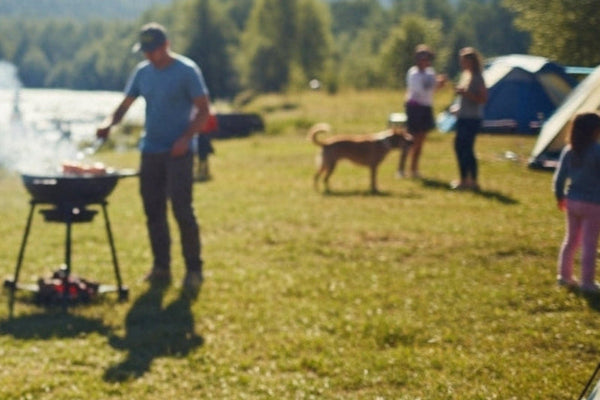 men in camping site with family. link to weekends selection page